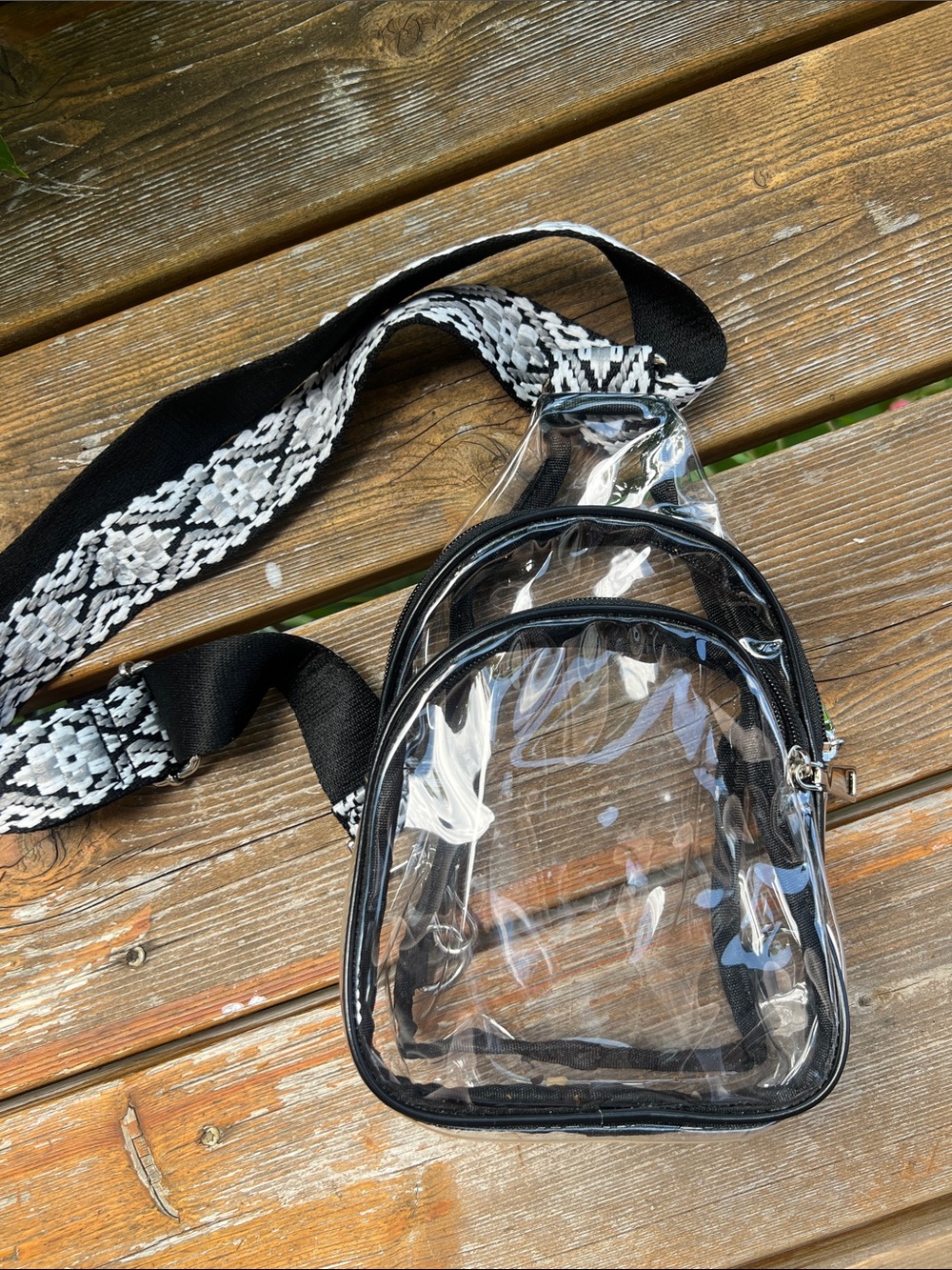 Clear PVC Mini crossbody with Black Trim and Patterned Strap - Picture 2 of 7